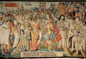 Założenie miasta Reims: Remus poślubił swoją córkę za króla Francusa, syna Hectora. Gobelin z „Baśniowej historii Galów” wykonany przez warsztat Arras autorstwa French School