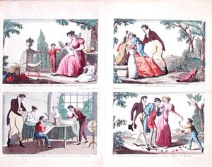 Cztery sceny przedstawiające obowiązki rodzicielskie, początek XIX w. (kolorowa rycina) autorstwa French School