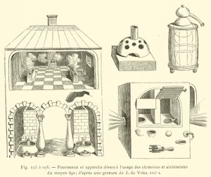 Piece i różne urządzenia do użytku chemików i alchemików średniowiecza (rytownictwo) autorstwa French School