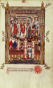 Fr 2092 f.1 Pierwsze przesłuchanie św. Denisa i jego towarzyszy przez Sisinniusa, z Vie de St. Denis, 1317 autorstwa French School