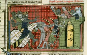 Fr 22495 f.36r Atak na miasto, z Le Roman de Godefroi de Bouillon autorstwa French School