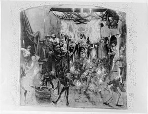 Fr 2646 f.176 Bal des Ardents, Karol VI (1380-1422) uratowany przez księżną Berry po podpaleniu przez Ludwika Orleańskiego kostiumów tancerzy, z Froissarts Chronicle, 1392 (patrz także 52 autorstwa French School