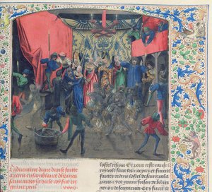 Fr 2646 f.176 Bal des Ardents, Karol uratowany przez księżną Berry po podpaleniu przez Ludwika Orleańskiego kostiumów tancerzy, 1392, z Froissarts Chronicle autorstwa French School