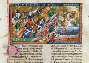 Fr 9084 f.53 Angielska armia atakująca zamek, z "Chronique de Guillaume de Tyr" (pergamin) autorstwa French School