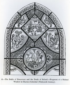 Fragment witraża w katedrze w Chartres, przedstawiający bitwę pod Roncevaux i śmierć Rolanda, ilustracja z Nauki i literatury średniowiecza i renesansu, pisarz