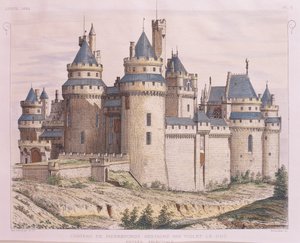 Francja, średniowieczny zamek Pierrefonds, odrestaurowany przez Violet le Duc z Moniteur des Architectes, rycina autorstwa French School