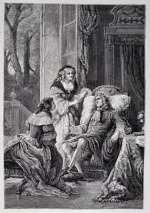 Francois de la Rochefoucauld (1613-1680) rozmawia z Mademoiselle de Sevigne (Marie de Rabutin-Chantal), markizą de Sevigne dit Madame de Sevigne (1626-1696) i Marie-Madeleine (Marie Madeleine) Pioche de La Vergne, hrabiną Lafayette (Pani F autorstwa French School