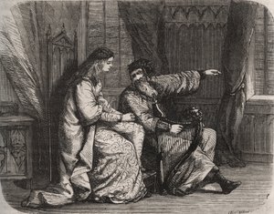 Fredegonde (545-597) zwierza się ze swoich obaw harfiarzowi Barbantiniemu, ponieważ jego kochanek Chilperic (wówczas król franków Chilperic I (543-597) nie ożenił się z nim. 565. Rycina z 1871 w „Histoire Des Cocuses Celebres”” autorstwa Henryka de Kocka ( autorstwa French School
