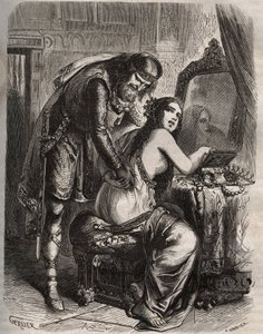 Fredegonde (545-597) zabiera swojego męża, króla franków Chilperic I (543-597), dla swojego kochanka Landerica. Król odkrywa, gdy jego żona go zdradza. Grawer z 1871 r. w „Histoire Des Cocuses Celebres” Henry