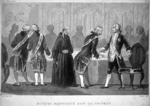 Freemaking: Bankiet Maconnic w klasztorze. Rycina z "Picturesque Histoire de la Franc Maconnerie et des Societes Secretes antique et modernes" autorstwa F.-T. B. Clavel. Pagnerre, redaktor. 1843. autorstwa French School