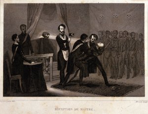 Freemaking: rytuał przyjęcia i inicjacji Mistrza. Rycina z "Picturesque Histoire de la Franc Maconnerie et des Societes Secretes antique et modernes" autorstwa F.-T. B. Clavel. Pagnerre, redaktor. 1843. autorstwa French School
