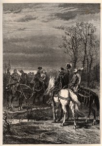 Francuskie wojny religijne - Październik 1569 Wojna Religijna - Rozmowy poprzedzające bitwę pod Moncontour (Henri, przyszły książę Anjou Henryk III i Gaspard II z Coligny - Bitwa pod Moncontour (październik 1569) - grawerowanie z „” Historia opowiedziana w autorstwa French School