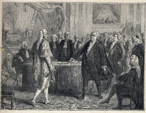 Rewolucja Francuska - Zgromadzenie Ogólne 23/06/1789: Honore Gabriel (Honore-Gabriel) Riqueti, hrabia Mirabeau (1749-1791) przemawiający do Henri Evrard (Henri-Evrard), markiza Dreux Breze (Dreux-Breze) (1762- 1829). Rycina z 1889 r. Ze zbiorów prywatnych. autorstwa French School