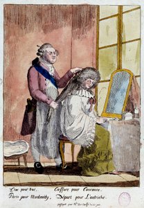 Rewolucja francuska: Kreskówka o ucieczce rodziny królewskiej do Varenne w dniach 20 i 21/06/1791: Król Ludwik XVI stylizujący królową Marię Antoninę miał wyjechać z fałszywym paszportem guwernantki dzieci baronowej Korff. Anonimowy kolor autorstwa French School