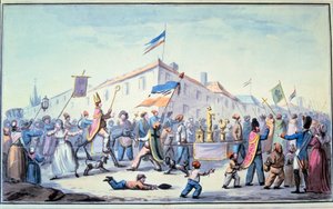 Rewolucja Francuska: „”Uformowana maskarada ludu ubiera się w szaty kapłańskie””. Anonimowa akwarela. 1793. Paryż, Biblioteka L