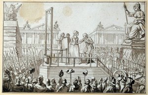 Rewolucja francuska: "Królowa Maria Antonina (1755-1793) na rusztowaniu w październiku 1793" Rysunek anonimowy czarnym tuszem. 1793 Sun. 0,096x0,15 m. Paryż, Muzeum Luwr autorstwa French School