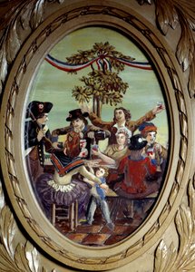 Rewolucja francuska: „”Posiłek republikański w Cafe Le Procope w Paryżu””Anonimowy obraz. XVIII-wieczny Paryż, Le Procope autorstwa French School