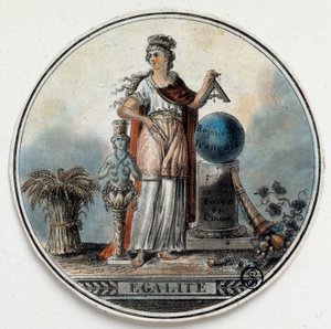 Rewolucja Francuska: alegoria Egality jako kobiety trzymającej plac w pobliżu Republiki Francuskiej, róg obfitości. Koniec XVIII wieku w Paryżu, B.N. autorstwa French School