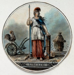 Rewolucja francuska: alegoria Liberte jako kobiety w pobliżu pszczelego ula i koguta. Koniec XVIII wieku Paryż, B.N. autorstwa French School