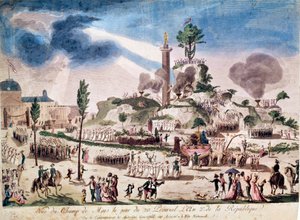 Rewolucja Francuska: Święto Najwyższej Istoty na Polach Marsowych 8.06.1794 (20 Prairial An II). Anonimowy rycina z XVIII wieku. autorstwa French School