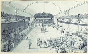 Rewolucja Francuska: narodziny Konstytucji we wrześniu 1791 r. Przeredagowane przez Guy Jean-Baptiste Target (1733-1807) w sali Jeu de Paume w Wersalu, gdzie posłowie złożyli przysięgę 20.06.1789 r. Anonimowy rysunek ok. 1791 r. Paryż, Lou autorstwa French School