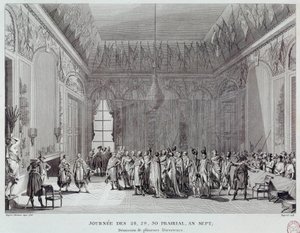 Rewolucja francuska: dni 28, 29 i 30 prerii roku VII, które doprowadziły 18.06.1799 do zamachu stanu Abbe Emmanuela-Josepha Sieyesa (1748-1836) (lub zemsty soborów) i widział odejście kilku termidoriańskich dyrektorów. Grawerowanie autorstwa French School