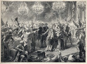 Rewolucja francuska: rojaliści przysięgają wierność monarchii w obecności króla Ludwika XVI (1754-1793) królowej Marii Antoniny (1755-1793) i delfina na bankiecie ochroniarzy zorganizowanym 1 października 1789 w oranżerii wersalskiej - autorstwa French School