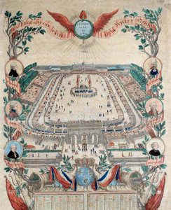 Rewolucja francuska: widok na święto federacji narodowej 14/07/1790 na Polach Marsowych. Rycina z 1790 roku. Paryż, Archiwum Narodowe autorstwa French School