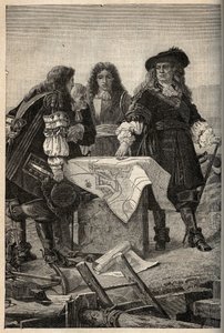 Francuski architekt Vauban opracowuje plany fortyfikacji Belfort (wschodnia Francja) na zlecenie Ludwika XIV w 1687 r. - Sebastien Le Prestre de Vauban podający plany obwarowań Belfort - grawerowanie w „PATRIE” - OPIS PECTUREQU autorstwa French School