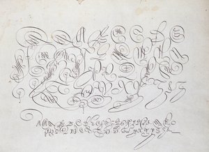 Kaligrafia francuska: Tabliczka kapitelu, rycina Frisiusa, kalkografa króla autorstwa Roberta Vignona w ogrodzie pisarskim ok. 1600 r. autorstwa French School