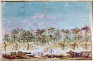 Osadnictwo francuskich kolonistów na plaży Kourou w Gujanie w 1763 r. (wc na papierze) autorstwa French School