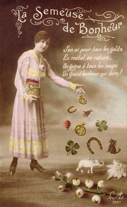 Francuska pocztówka przedstawiająca La Semeuse de Bonheur (Siewca szczęścia), 29 marca 1914 autorstwa French School