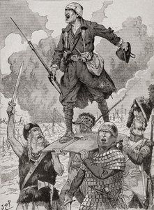 Francuski plakat propagandowy zatytułowany „On Les Aura”, czyli Będziemy ich mieć. Czterech żołnierzy z różnych okresów historycznych niesie na tarczy rannego, ale buntowniczego żołnierza z I wojny światowej. Z Agenda Buvard du Bon Marche opublikowanej w 1 autorstwa French School
