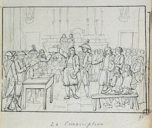 Rewolucja francuska: scena poboru w Bretanii w 1793 r. Paryż, Musee Carnavalet autorstwa French School