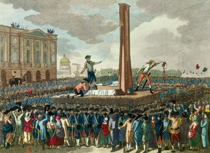 Rewolucja francuska: egzekucja na gilotynie króla Ludwika XVI (1754-1793), kat prezentuje odciętą głowę. Rycina według rysunku Fiousa. XVIII wiek. Paryż, Musee Carnavalet autorstwa French School