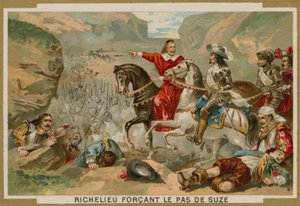Wojska francuskie dowodzone przez kardynała Richelieu wymuszają przełęcz pod Suzą, Sabaudia, 1629 autorstwa French School