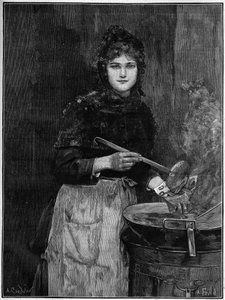Sprzedawca smażonych ziemniaków; 1888 rycina z obrazu Achilles Foald. autorstwa French School