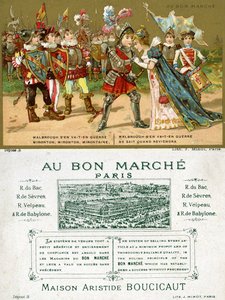Awers i rewers karty promocyjnej paryskiego domu towarowego Au Bon Marché, przedstawiającej jedną z najpopularniejszych pieśni ludowych w języku francuskim, Marlbrough sen va-t-en guerre (Marlborough
