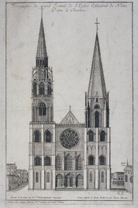 Frontyspicjum dużego portalu kościoła Cathedrale de Notre Dame à Chartres, zaprojektowanego na miejscu przez inżyniera geografa św. Wincentego, sd. 19 wiek autorstwa French School