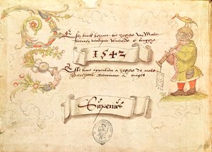 Frontyspis z Recueil de chants religieux et profanes IX przedstawiający mężczyznę w okularach grającego na instrumencie dętym z ptakiem na głowie, 1542 autorstwa French School