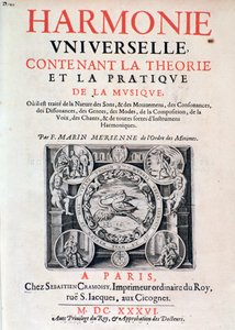 Frontyspis Harmonie universelle zawierający teorię i praktykę muzyki Marin Mersenne (Marin Mersennus lub le Pere Mersenne) (1588-1648), 1637. autorstwa French School