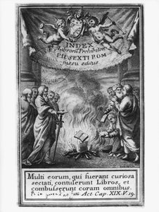 Frontyspis Indeksu ksiąg przedstawiający auto da fe, 1786 autorstwa French School