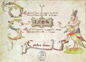 Frontyspis Recueil de chants religieux et profanes II przedstawiający mężczyznę grającego na zakrzywionym instrumencie dętym, jadącego na ptaku, partia kontratenorowa, 1542 autorstwa French School