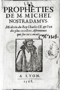 Frontyspis do Les Propheties de M. Michel de Nostradamus (1503-66), z portretem Nostradamusa, opublikowany w Lyonie 1568 autorstwa French School