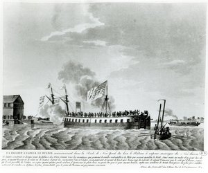 Okręt wojenny Fultons o napędzie parowym, Fulton the First, zaprojektowany i zbudowany przez Roberta Fultona do obrony Nowego Jorku w wojnie 1812 roku (zdjęcie czarno-graficzne z początku XIX wieku) autorstwa French School