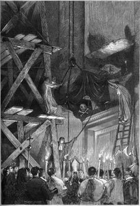 Pogrzeb papieża Piusa Ix (Pio) (1792-1878): pochówek ciała w Bazylice św. Piotra w Rzymie. Grawer w „”Le Monde Illustré””n°1093 z dnia 9 marca 1878 r. autorstwa French School