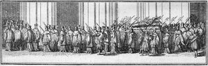 Pogrzeb papieża w XVIII wieku: ciało papieża przenosi się do kościoła św. Piotra w Rzymie. Grawerowanie w „Histoire des religions””. autorstwa French School