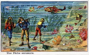 Futuredays: XIX-wieczna wizja roku 2000 Seria: Zabawne wędkowanie (pod morzem). Chromolitografia Villemarda autorstwa French School