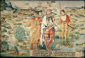 Galathes, 11. król Galów z mapą Galii w tle, fragment gobelinu na temat historii królów Galów, Warsztat Arras, ok. 1530