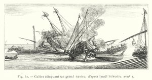 Galera atakująca duży statek; wg Israel Silvestre, XVII w. (rycina) autorstwa French School